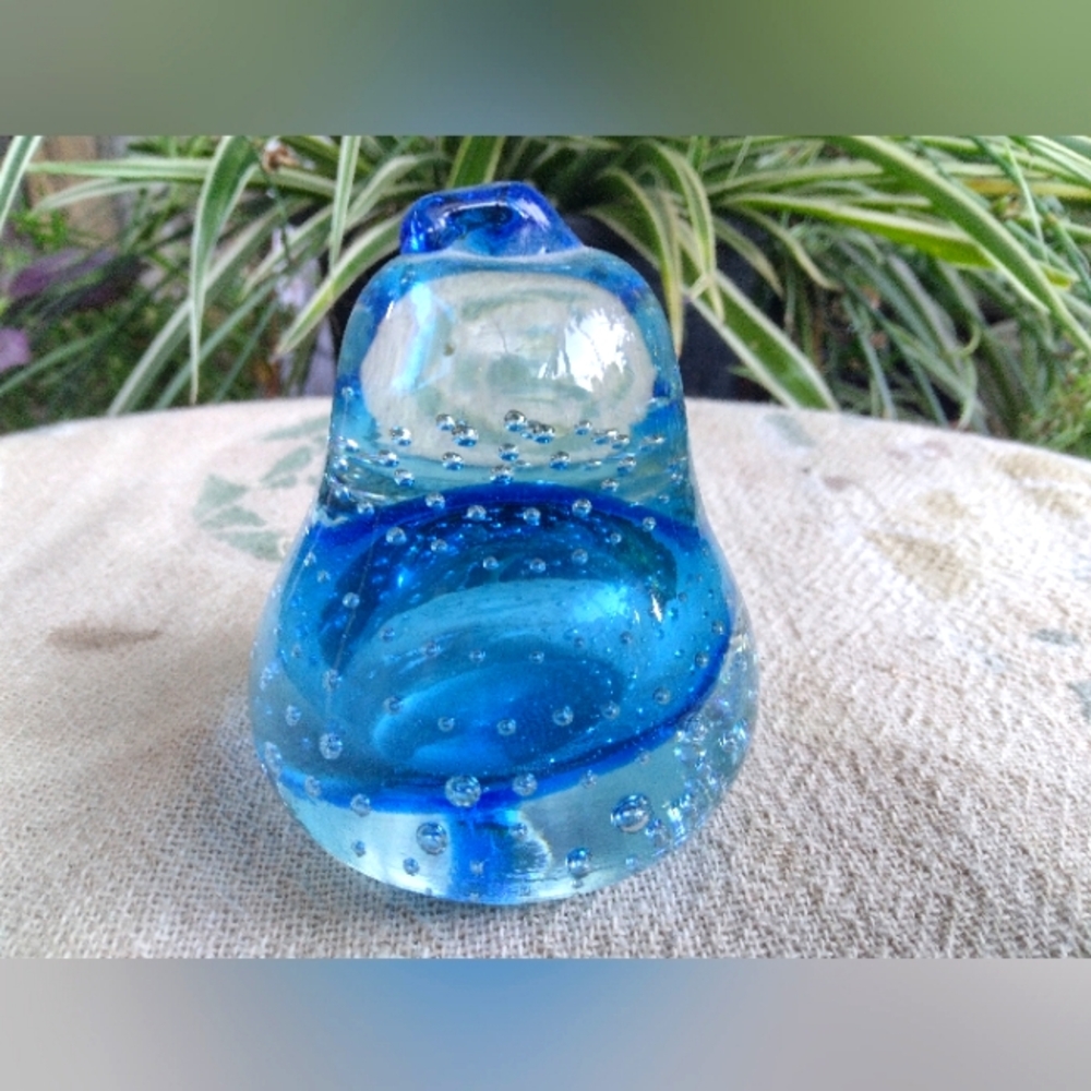 Vintage Handmade Blue Depression Glass Pear Paperweight
